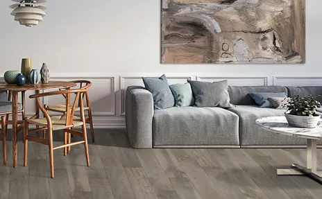 Greige plank flooring in modern mixed use room